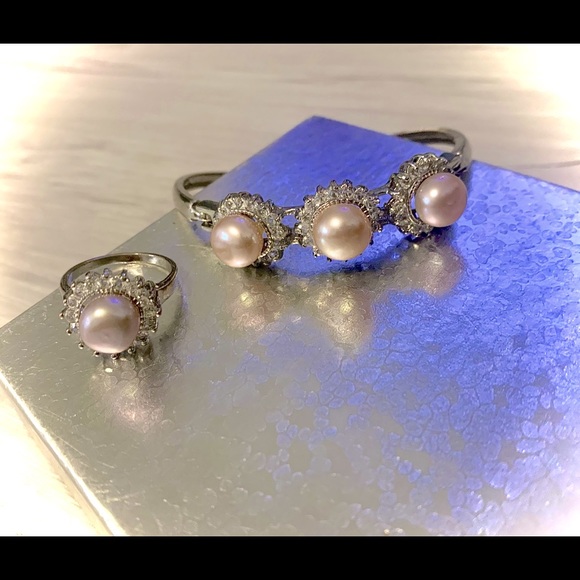 Authentic pink Cultured Pearl Diamond Bracelet & Ring - Picture 1 of 3